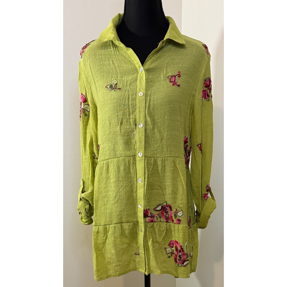 Fig and Flower Embroidered Linen Blend Shirt‎ Dress Green Floral Tunic M